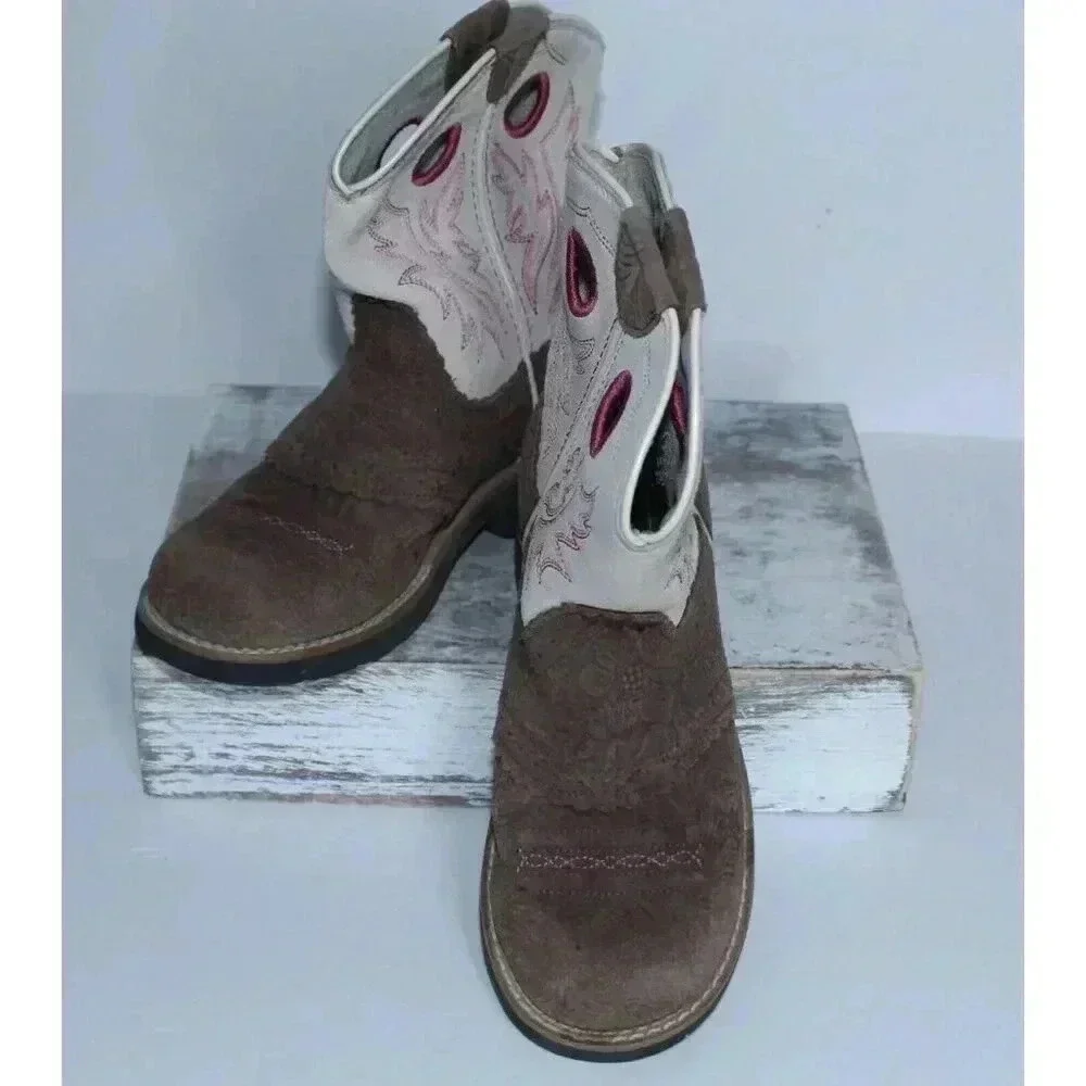 Ariat Cowgirl Boots Pink Brown Embroidered Leather Size 1.5‎ Teen Fatboy Style